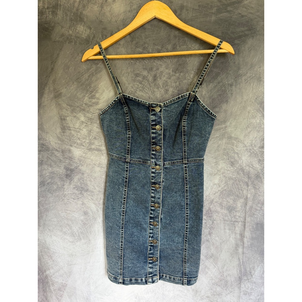Rewash Brand Denim Mini Dress Medium Wash Button Front Bodycon Womens Size M